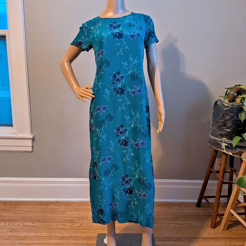 Vintage Laura Ashley Blue Floral Midi Dress Silk Cottagecore Size 6